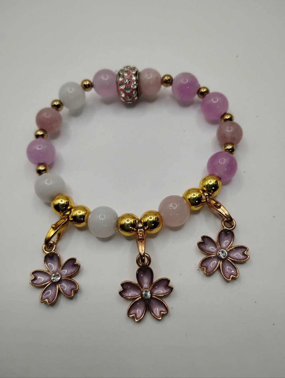 Pink Beaded Charm Bracelet with Flower Pendants